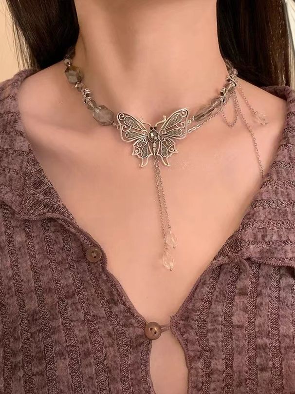 Butterfly Tassel Necklace Retro Double Layer Tiger Eye Stone Necklace Light Luxury Niche Design Temperament Hot Girl Collar_ipsvogv.com