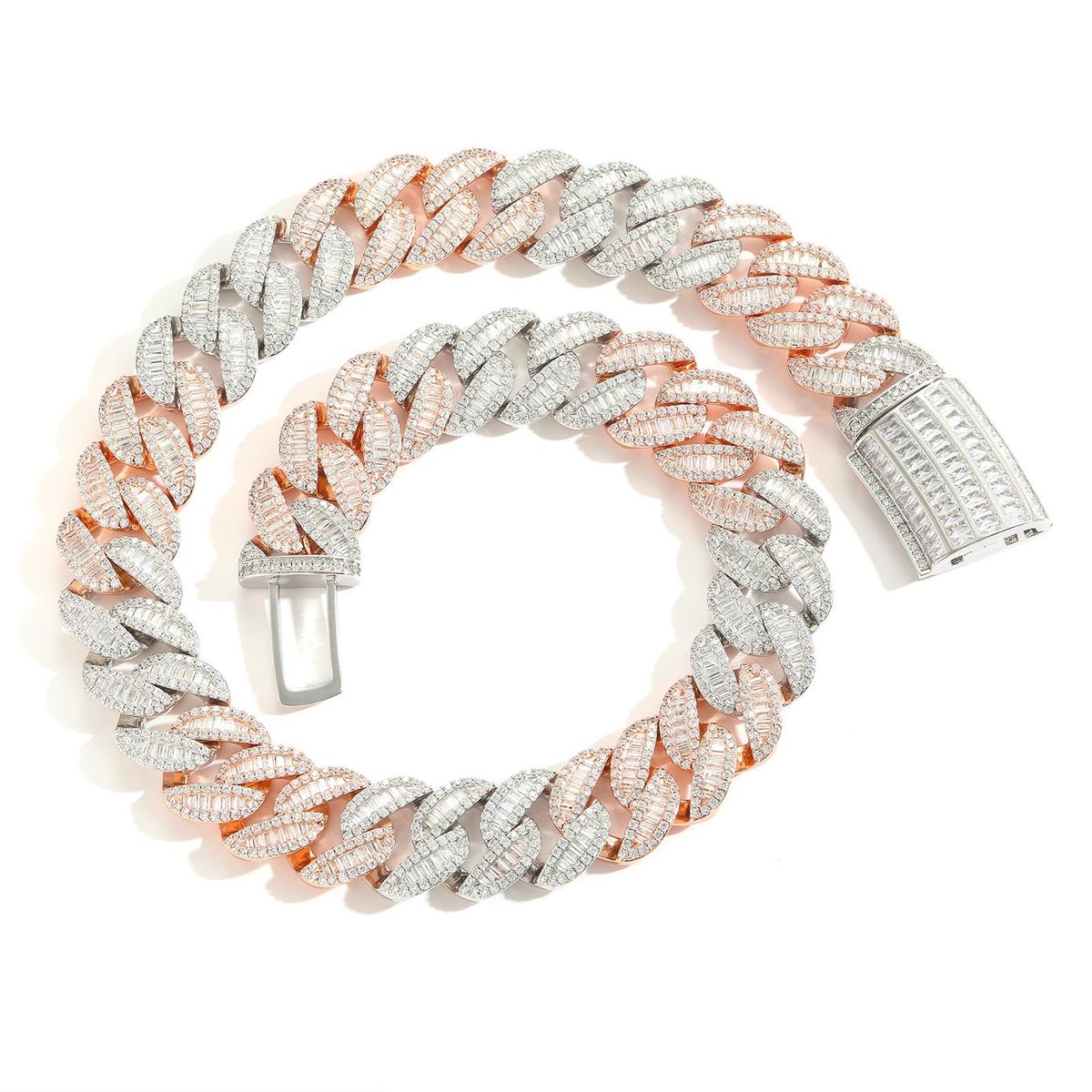 Unisex Hip Hop Necklace Rose Gold Two Tone 20mmT Square Zircon Miami Cuban Chain Men's Necklace_ipsvogv.com