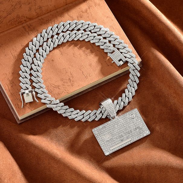 Full Diamond Bank Card Hip-Hop Necklace Creative Design Alloy Rhinestone Cuban Chain Pendant_ipsvogv.com