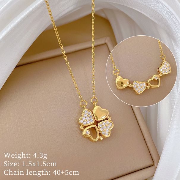 Women's 【 】 New Necklace, Two Piece To Heart Opening Four Leaf Flower Full Diamond Versatile Clavicle Chain, Titanium 【 】 Necklace, Chain,_ipsvogv.com