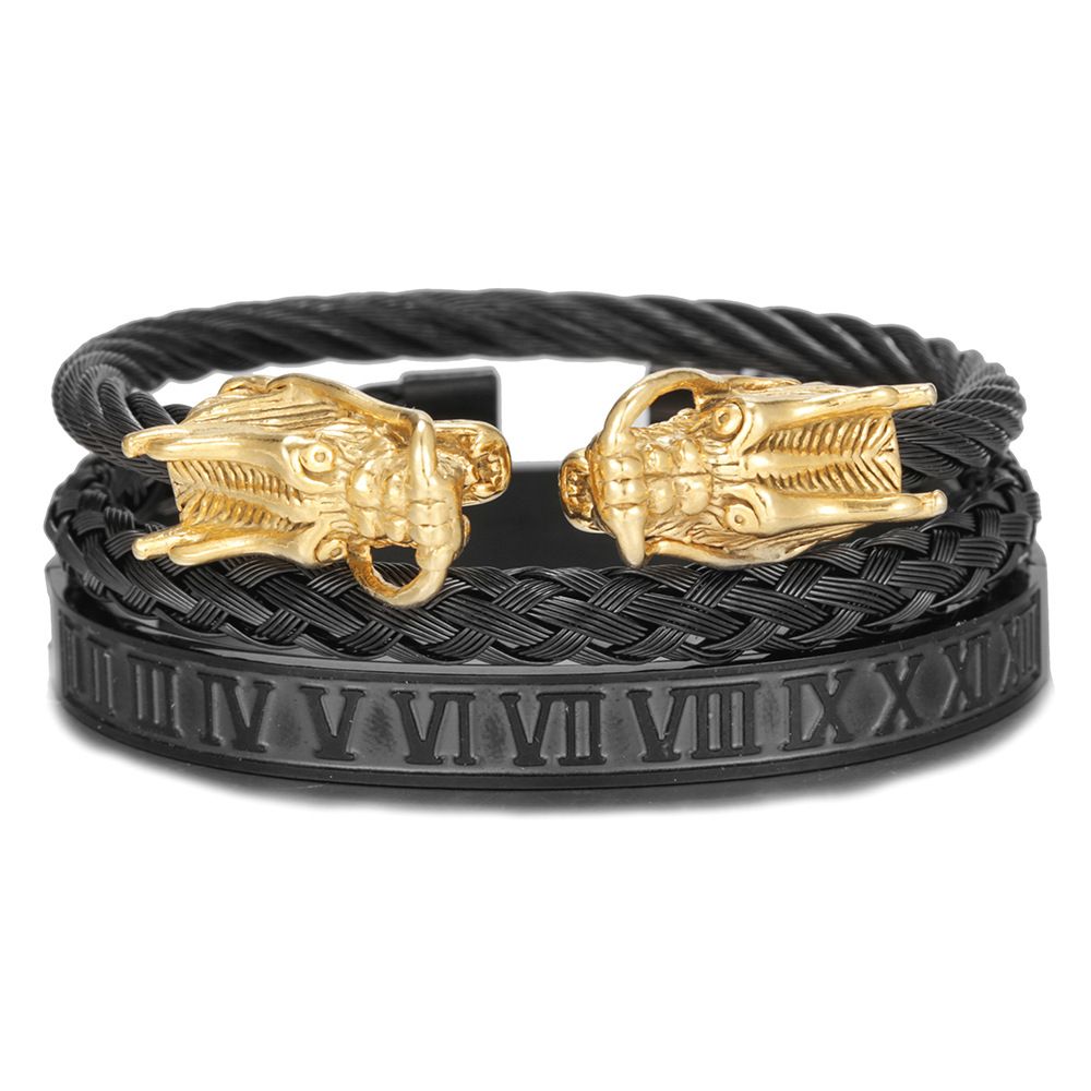 Copper Micro Inlaid Zircon Double Leopard Head Black Agate Braided Bracelet Men's Stainless Steel Roman Bracelet Stacking Bracelet Combination_ipsvogv.com