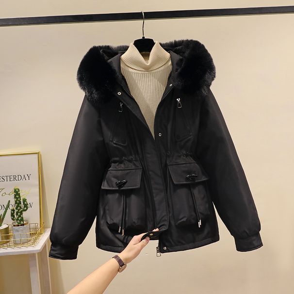 Women's Clothing Horn button parka women's autumn and winter new slim down cotton jacket fashionable plus velvet thick fur coat_ipsvogv.com
