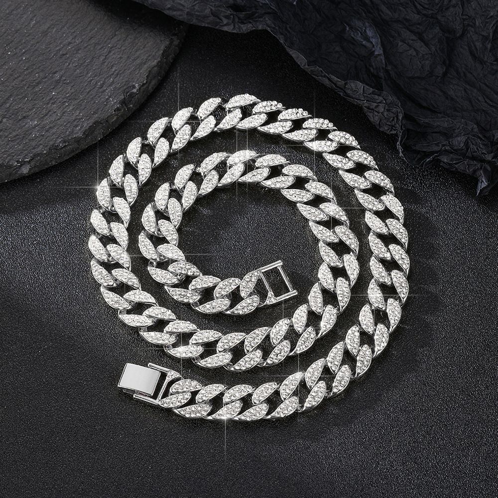 Explosive Necklace Cool Alloy Full Diamond 15mm Men's Cuban Chain Hip Hop Fashion Metal Necklace_ipsvogv.com
