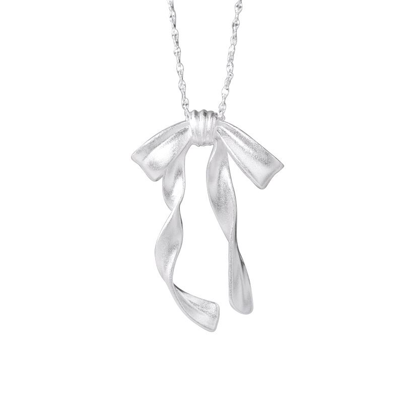 Sterling Silver Ribbon Bow Necklace For Women Korean INS Blogger Light Luxury Sweet Socialite Style Elegant Collarbone_ipsvogv.com