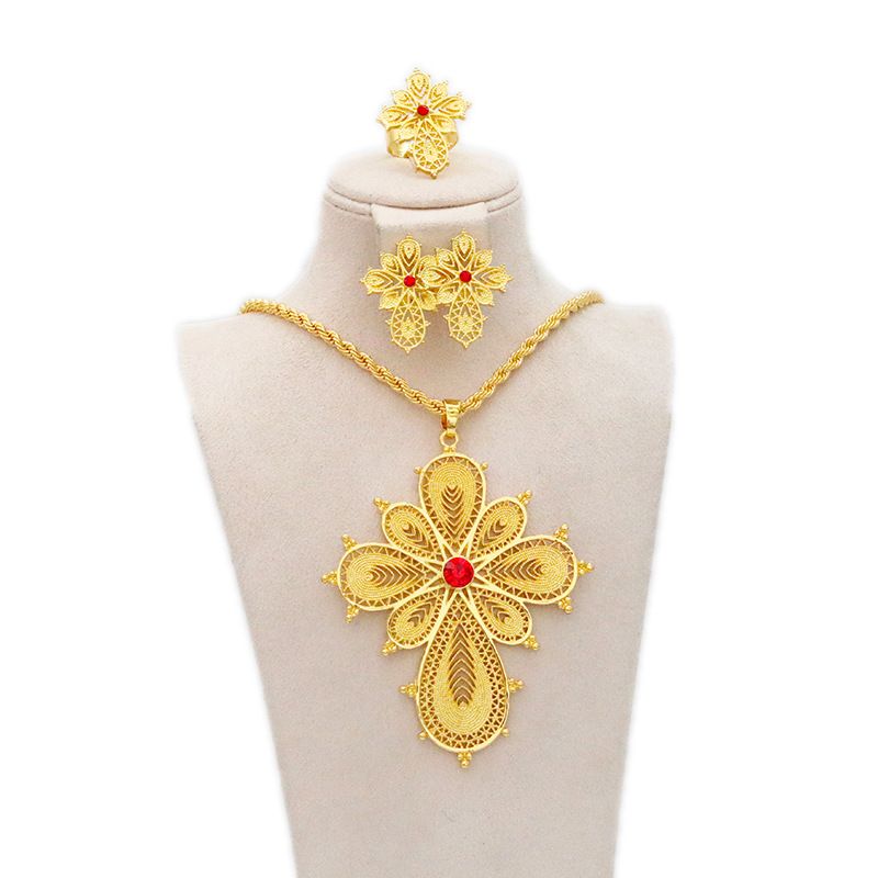 Ethiopian Necklace Earrings Party Gold Jewelry Set For Girls Eritrea Accessories_ipsvogv.com