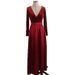 Women's Clothing wine red deep V sexy dress long sleeve slit dress big swing skirt bridesmaid dress_ipsvogv.com