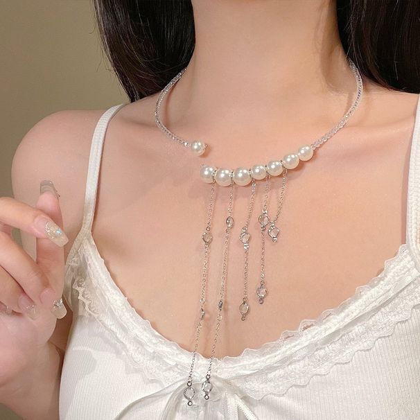 Niche Pearl Open Collar Women's High-end Cross Tassel Choker Necklace Collarbone Chain Accessories Trend_ipsvogv.com