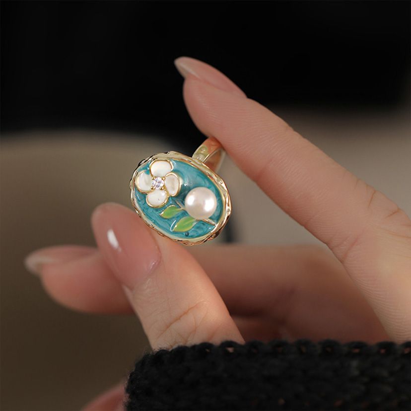 Enamel Colored Fashionable Artificial Pearl Flower Ring, Female Niche Design, Light Luxury, High-end Feeling, Open Mouth_ipsvogv.com