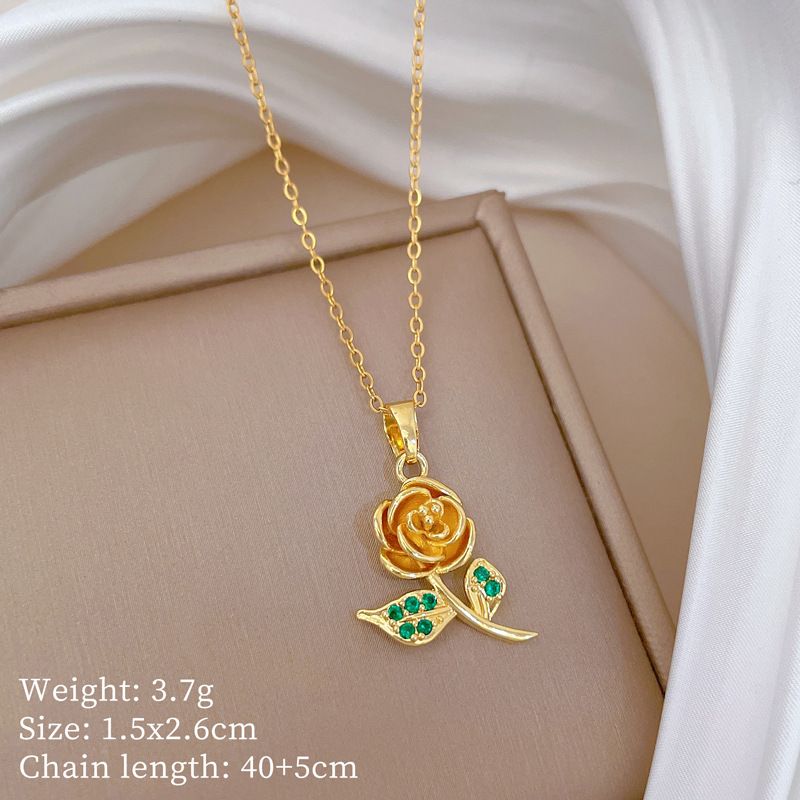 Green 【 】 Leaf Rose Zircon Light Luxury Charm Gorgeous Full Diamond Necklace Women's Versatile Clavicle Titanium Steel 【 】_ipsvogv.com