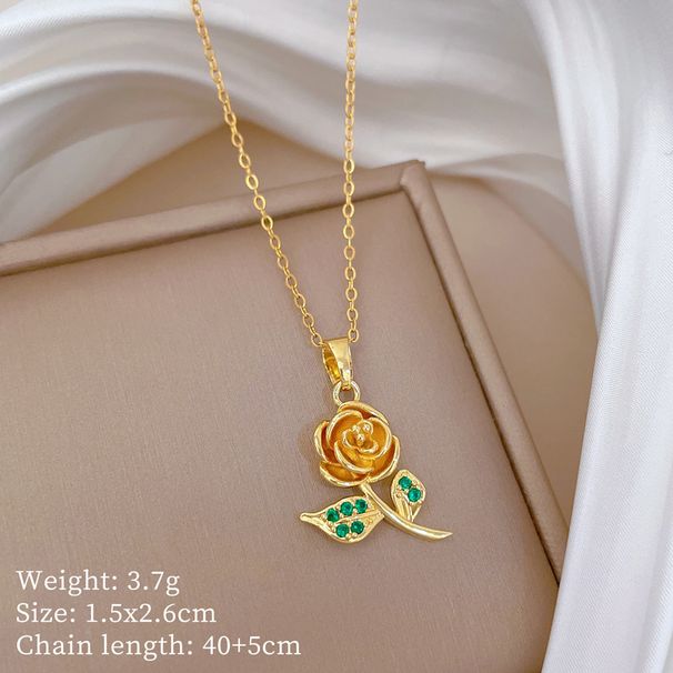 Green 【 】 Leaf Rose Zircon Light Luxury Charm Gorgeous Full Diamond Necklace Women's Versatile Clavicle Titanium Steel 【 】_ipsvogv.com