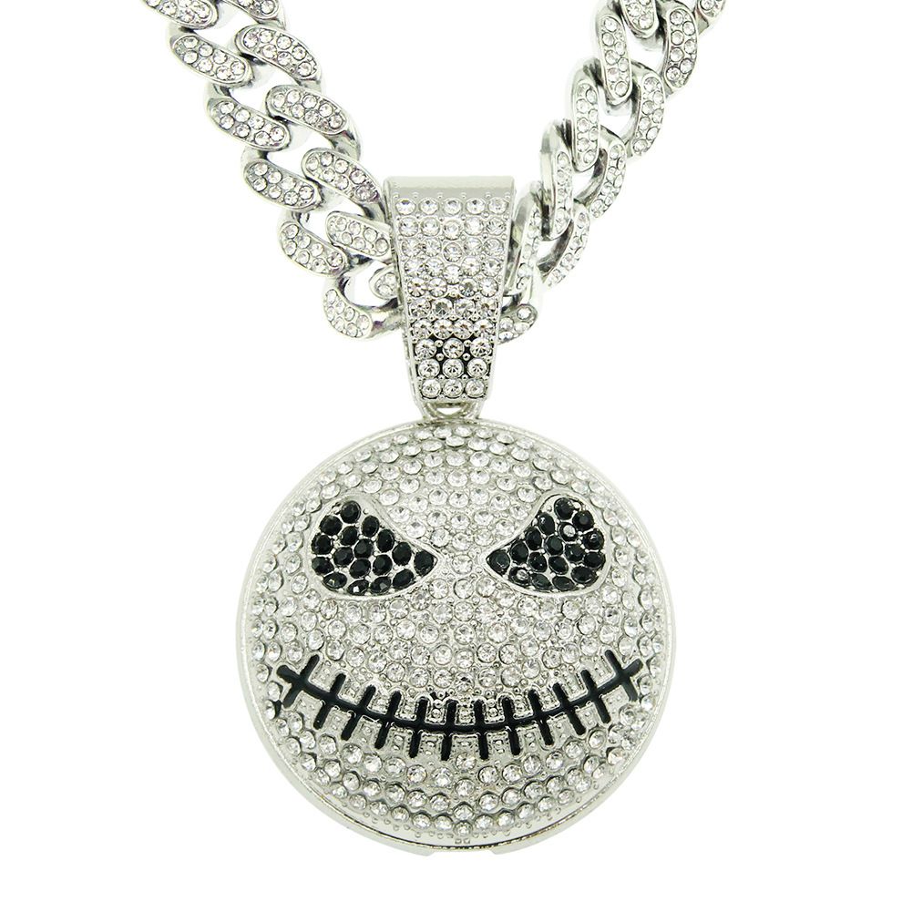 Men's New Full Diamond Ball Star Ghost Face Monster Pendant Necklace Hip Hop Exaggerated Large Gold Collar Chain_ipsvogv.com