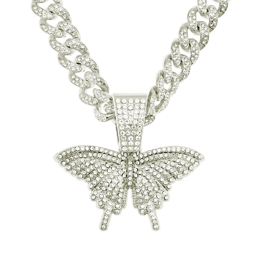 Hip Hop Street Dance Trendy Brand Full Diamond 3D Butterfly Pendant Fashion Punk Versatile Wide Cuban Chain Accessories_ipsvogv.com