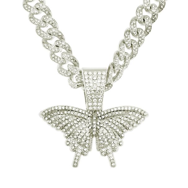 Hip Hop Street Dance Trendy Brand Full Diamond 3D Butterfly Pendant Fashion Punk Versatile Wide Cuban Chain Accessories_ipsvogv.com