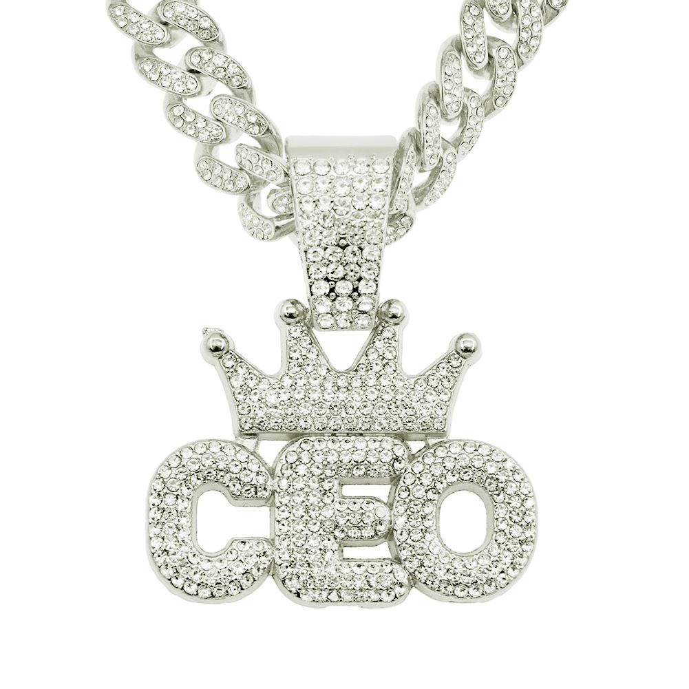 Hip Hop Full Diamond Crown CEO Letter Pendant Cuban Necklace Trendy Men's Dance Street Nightclub Accessories_ipsvogv.com