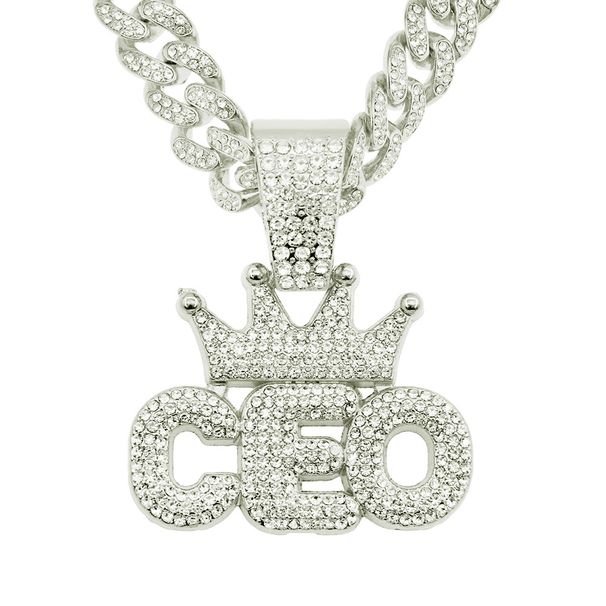 Hip Hop Full Diamond Crown CEO Letter Pendant Cuban Necklace Trendy Men's Dance Street Nightclub Accessories_ipsvogv.com