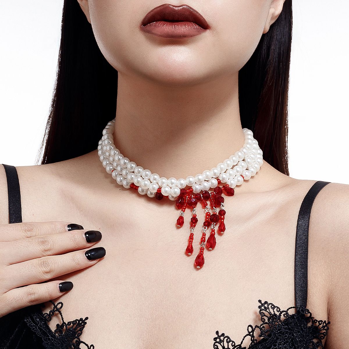 Triple Layer Pearl Tassel Crystal Necklace Goth Wind Blood Drop Cosplay Collar Chocker_ipsvogv.com