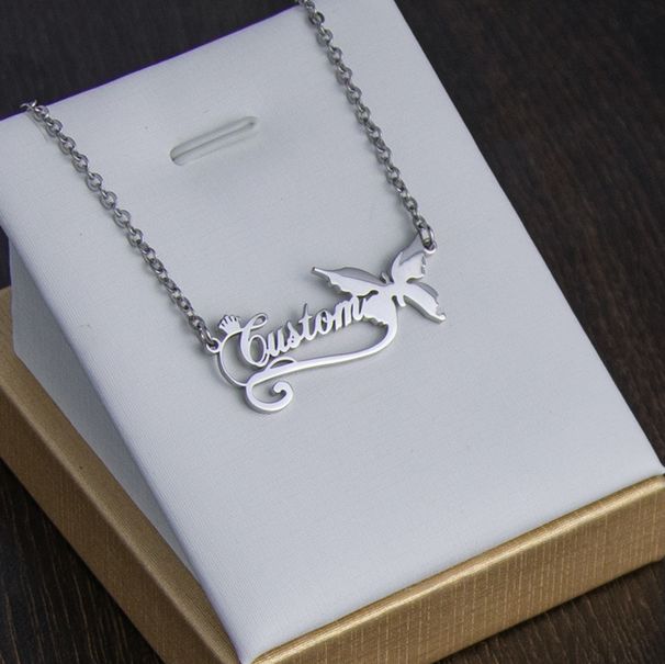 【Private】DIY Stainless Steel Ribbon Butterfly Electroplated Gold Couple English Letter Necklace_ipsvogv.com
