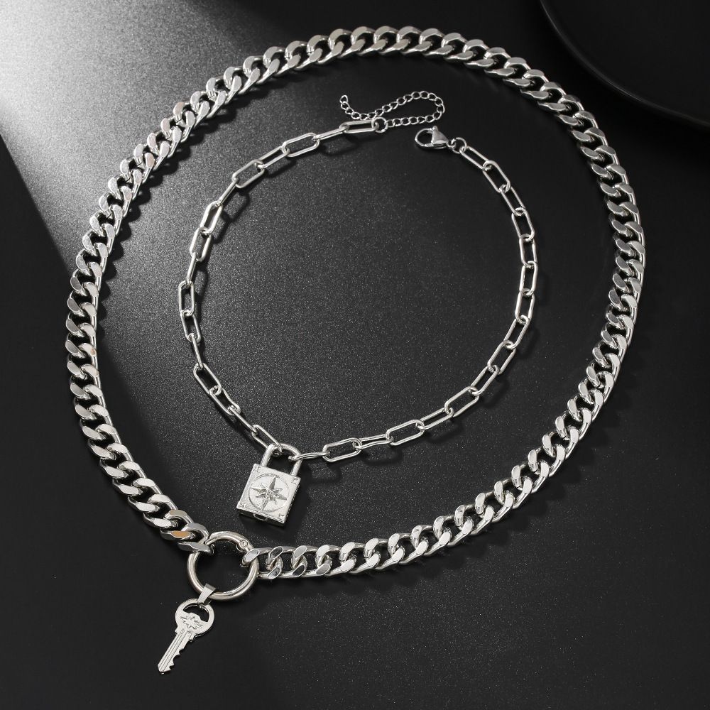 Double Layer Cuban Chain Necklace Retro Punk Lock Key Pendant Clavicle Chain Multi Layer Stacking Sweater Chain Female_ipsvogv.com