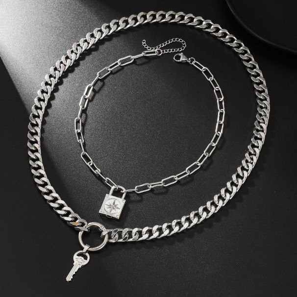 Double Layer Cuban Chain Necklace Retro Punk Lock Key Pendant Clavicle Chain Multi Layer Stacking Sweater Chain Female_ipsvogv.com