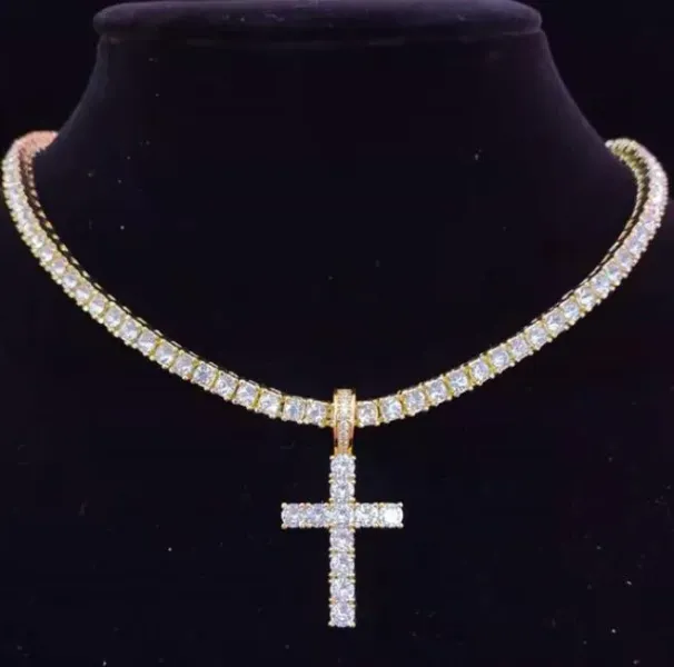 Pendant Necklaces Men Women Hip Hop Cross Necklace With 4mm Zircon Tennis Chain Iced Out Bling HipHop Jewelry Fashion_ipsvogv.com