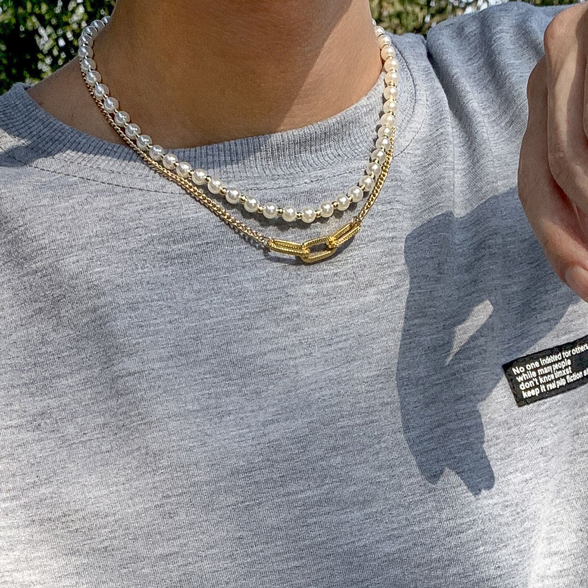 Chenyou Hip Hop Pearl Men's Trendy Cool Street Photo Geometric Metal Chain Necklace_ipsvogv.com