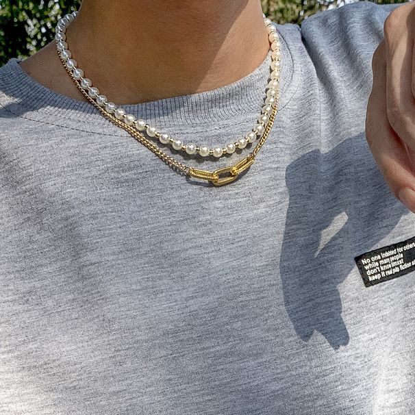 Chenyou Hip Hop Pearl Men's Trendy Cool Street Photo Geometric Metal Chain Necklace_ipsvogv.com