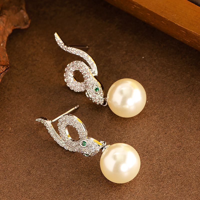 Year Of The Zodiac, Spirit Snake, Diamond Studded Pearl Earrings, Female High-end Feeling, Year's New Style Plated Gold_ipsvogv.com