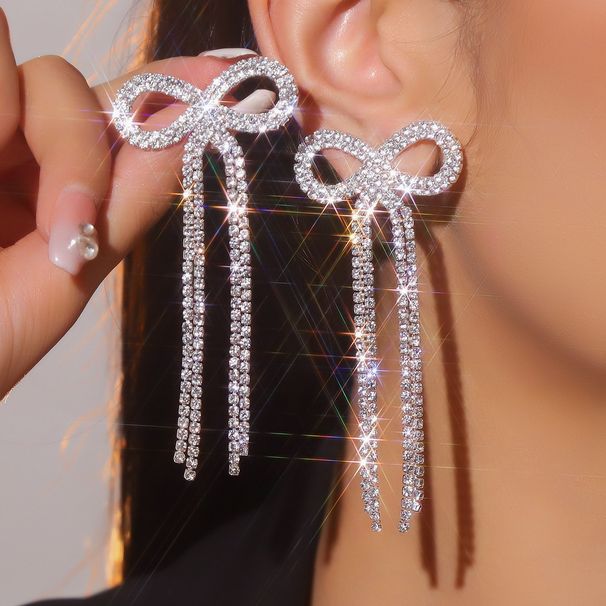 Direct Sales Popular Bow Long Tassel Earrings Fashionable Shiny Rhinestone Earrings_ipsvogv.com