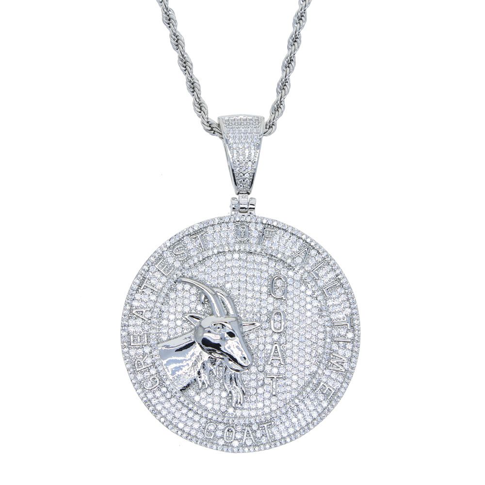 Men's Jewelry GOAT Pendant Necklace With Diamond Accents And Engraved Lettering, Hip Hop Style Statement Piece, Silver And Gold Options, 60cm Chain_ipsvogv.com