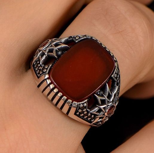 Alloy Inlaid Red Jade Marrow Men's Ring Punk Style Hand Jewelry_ipsvogv.com