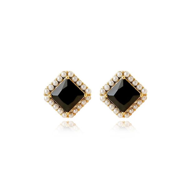 Women's Jewelry Retro Square Pearl Earrings Light Luxury Niche Design High End Black Agate Fashion Temperament Earrings_ipsvogv.com