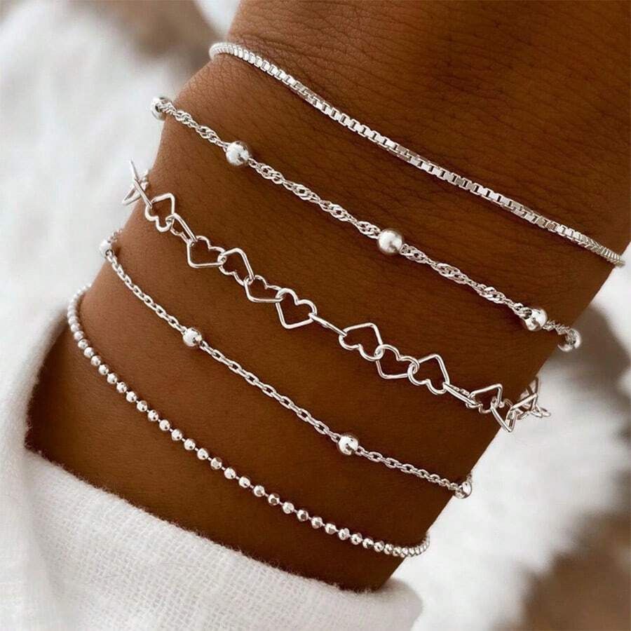 5-Piece Metal Figaro Chain Women's Set Fashionable And Minimalist Bracelet_ipsvogv.com