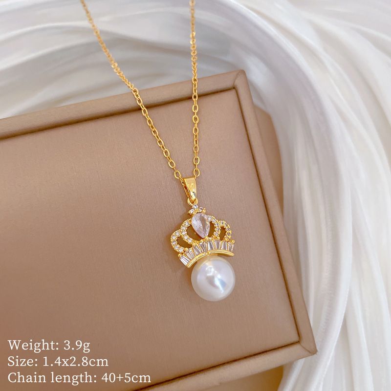 【 Titanium Steel 】 Necklace Earring Light Luxury Full Diamond Pearl Crown Personalized Temperament Banquet Earrings Set_ipsvogv.com