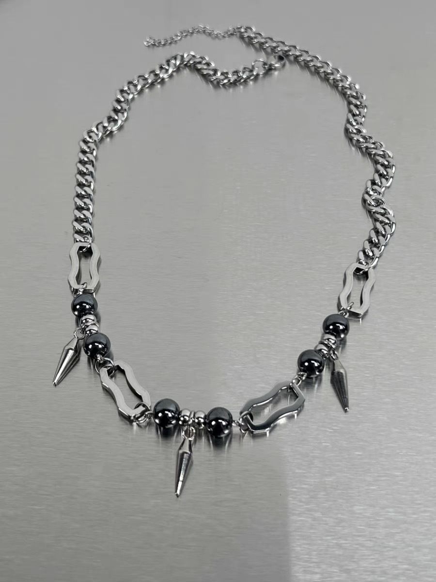 Colorless hip-hop dark rivet splicing steel bead Cuban chain Punk Gothic niche couple versatile necklace_ipsvogv.com