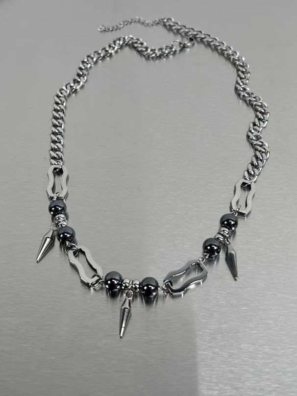 Colorless hip-hop dark rivet splicing steel bead Cuban chain Punk Gothic niche couple versatile necklace_ipsvogv.com