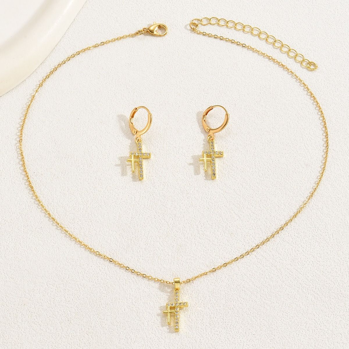 Niche Simple Cross Necklace Earrings Set Ins Light Luxury Inlaid Zircon Design Necklace Set Clavicle Chain_ipsvogv.com