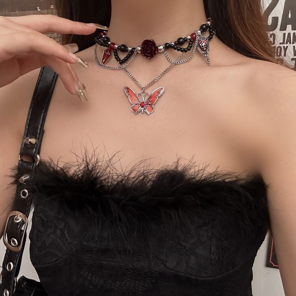 Unisex Dark Personality Exaggerated Red Rose Butterfly Necklace Choker Gothic Punk Hot Girl Clavicle Necklace Female_ipsvogv.com