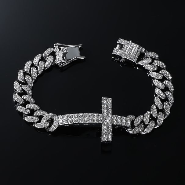 Hip Hop Diamond-Studded Cross-Shaped Chain For Men Trendy Cool Style Cuban Bracelet_ipsvogv.com