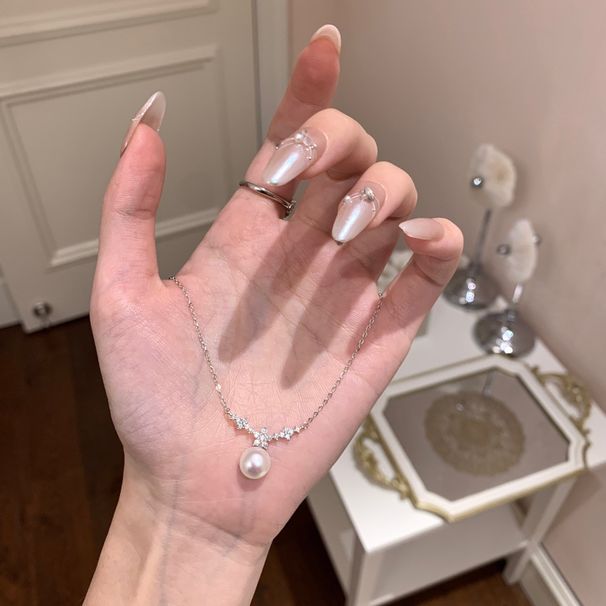 Light Luxury, High-end Feeling, Full Diamond Cherry Blossom Pearl Necklace, Women's Ins, Simple Cool Style, Neck Chain,_ipsvogv.com