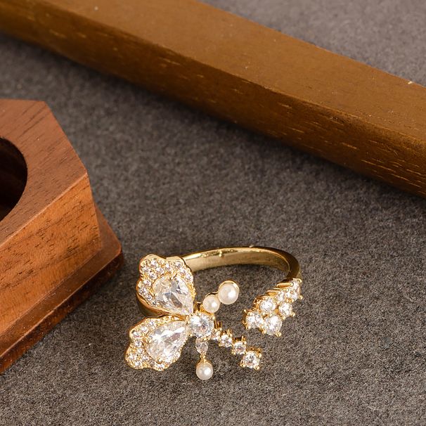 Fashionable And Simple Diamond Inlaid Pearl Butterfly For Women, Not Fading, Niche, Adjustable Opening Index Finger Ring_ipsvogv.com