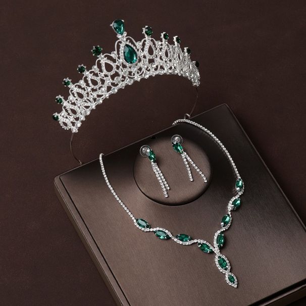 Crown headdress three piece set vintage green diamond princess birthday crown necklace earrings bride wedding dress evening dress jewelry_ipsvogv.com