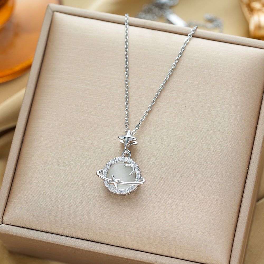Korean Version Titanium Steel Necklace For Women's Autumn And Winter Light Luxury Cat Eye Stone Planet Pendant, Niche_ipsvogv.com