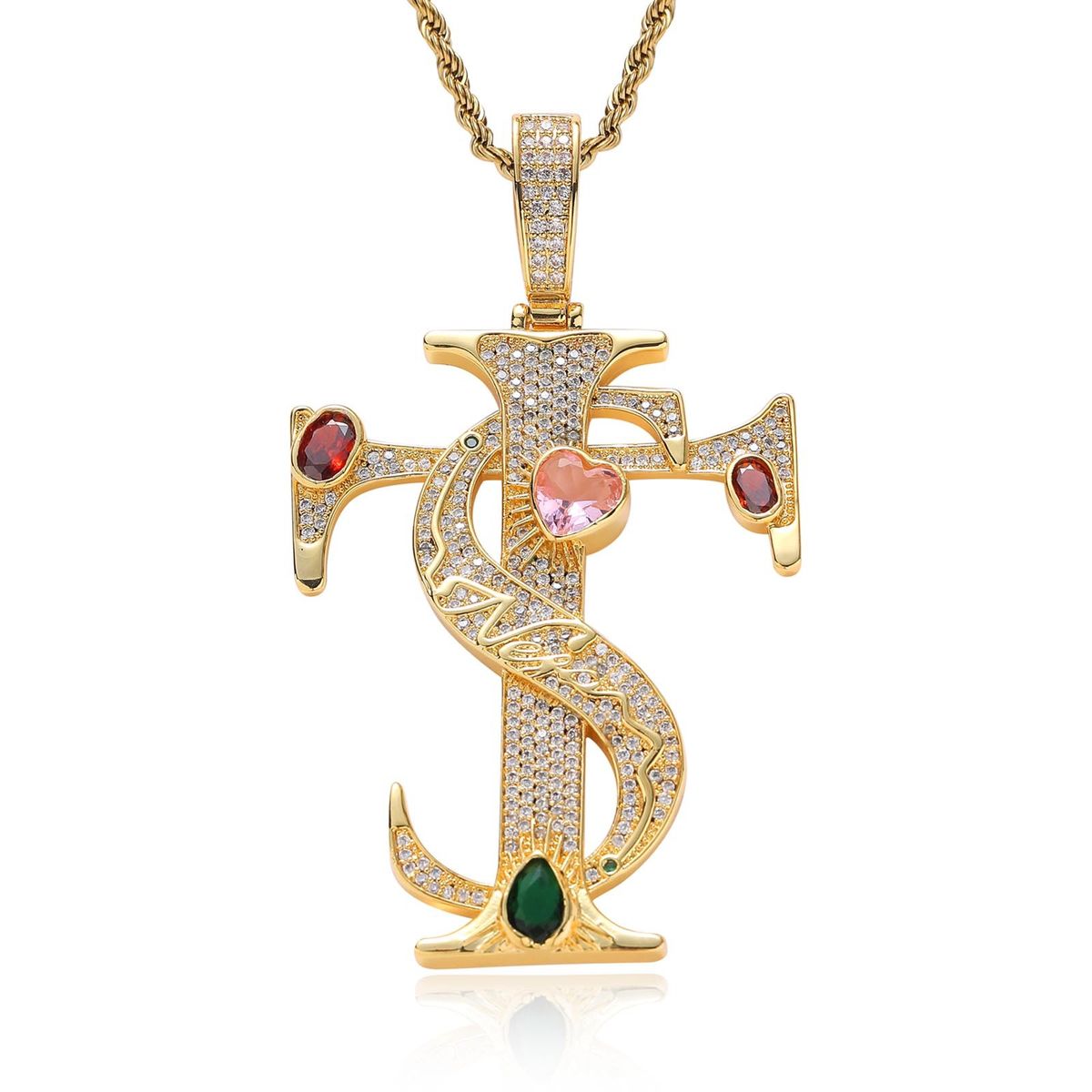 Hip hop ASEN Ai Zhiheng same cross pendant micro inlaid colored zircon love personality men and women hip hop necklace_ipsvogv.com