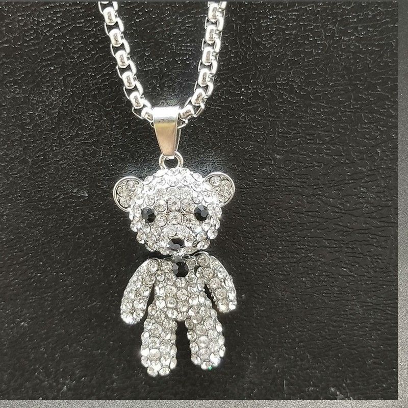 Cute full diamond stainless steel titanium steel bear necklace sweater chain high end female versatile long niche design pendant_ipsvogv.com