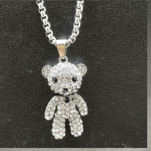 Cute full diamond stainless steel titanium steel bear necklace sweater chain high end female versatile long niche design pendant_ipsvogv.com