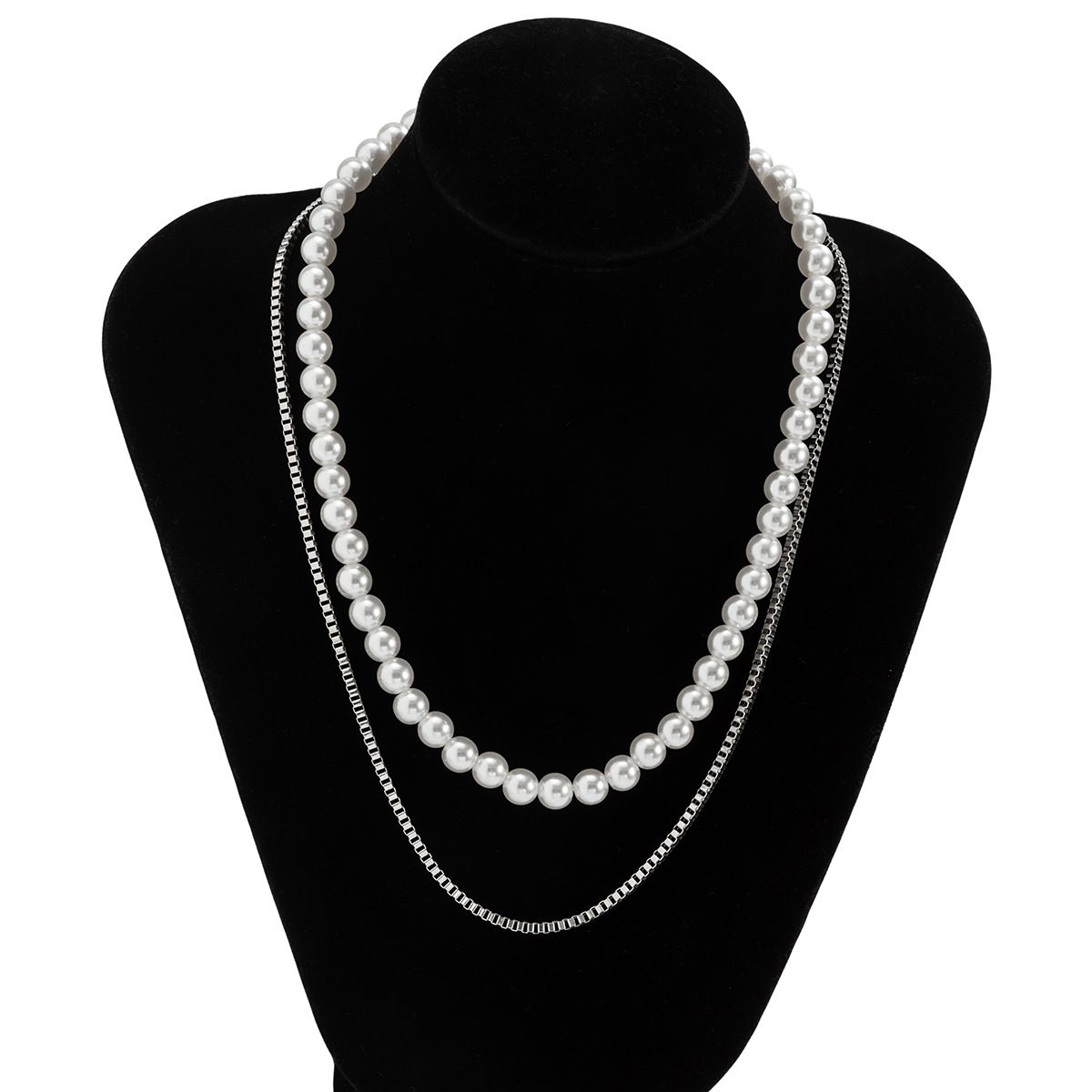 Hip-Hop Geometric Iron Pearl Chain Men'S Layered Necklaces_ipsvogv.com