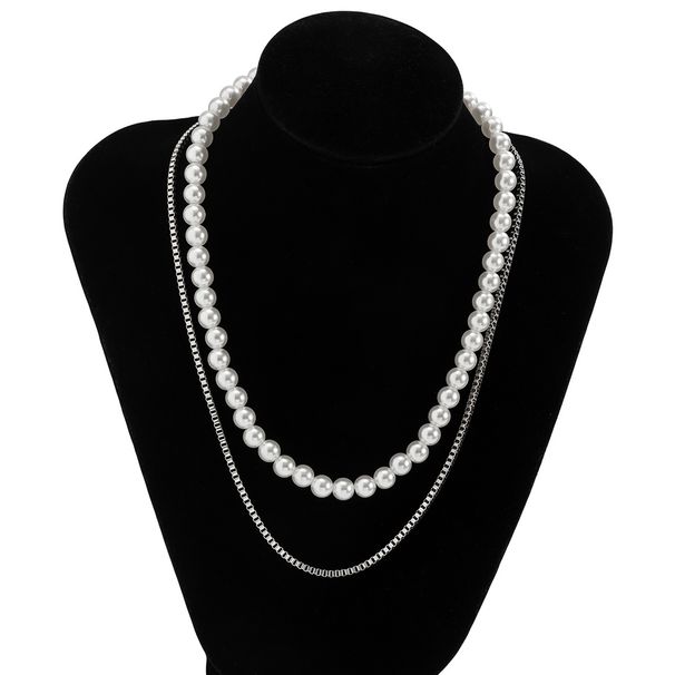 Hip-Hop Geometric Iron Pearl Chain Men'S Layered Necklaces_ipsvogv.com
