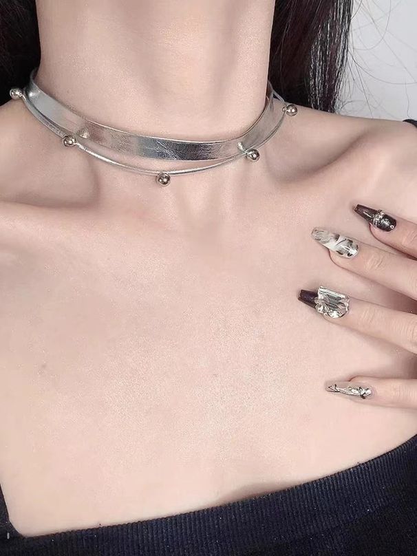 Silver Cyberpunk Style Choker Hot Girl Double Layer Collar Hip Hop Necklace Niche Design Leather Neck Strap Female_ipsvogv.com