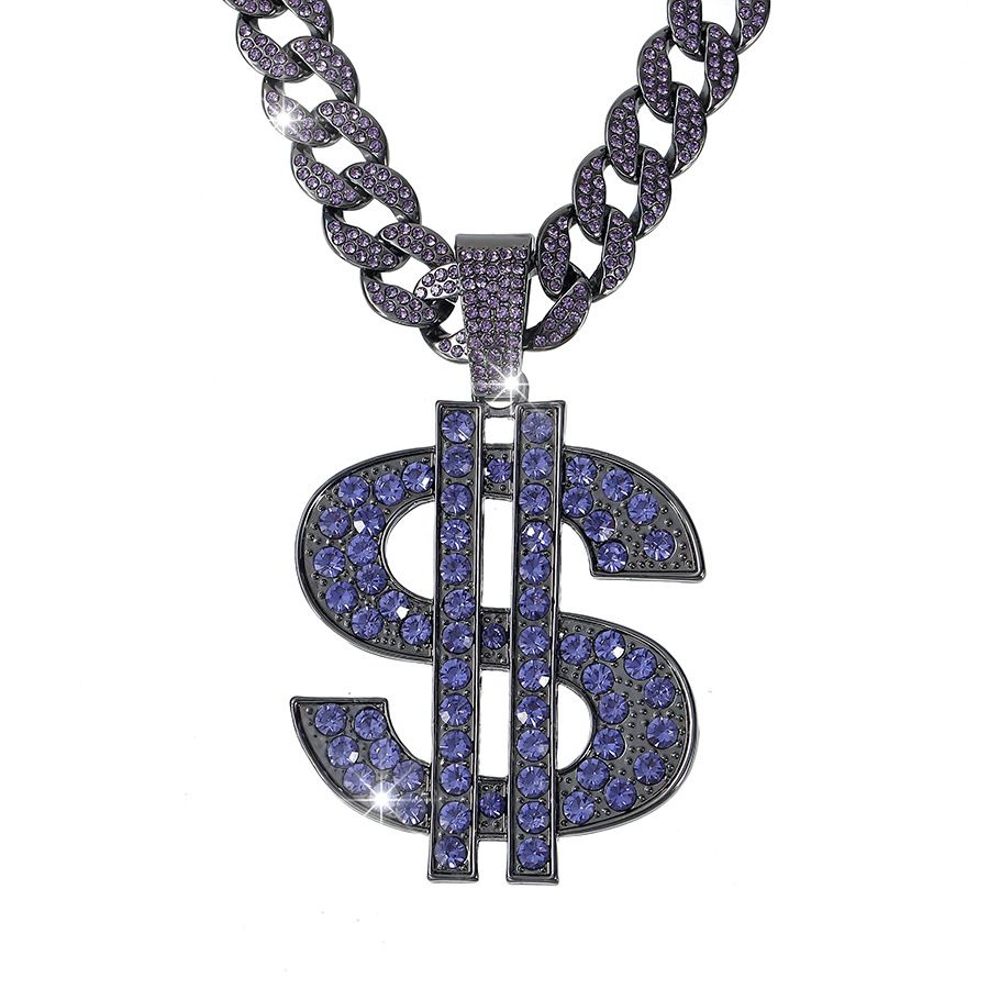 Men’s Jewelry Set Fashion New Purple Diamond Studded Exaggerated Nightclub Dollar Dollar Symbol Pendant Jewelry Domineering Cuban Necklace_ipsvogv.com