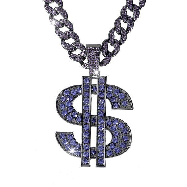 Men’s Jewelry Set Fashion New Purple Diamond Studded Exaggerated Nightclub Dollar Dollar Symbol Pendant Jewelry Domineering Cuban Necklace_ipsvogv.com